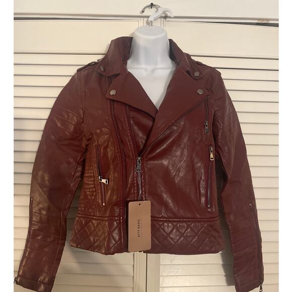 AFTF Basic Outerwear Burgundy Junior size large Faux Leather Motorcycle Jacket - Picture 1 of 8